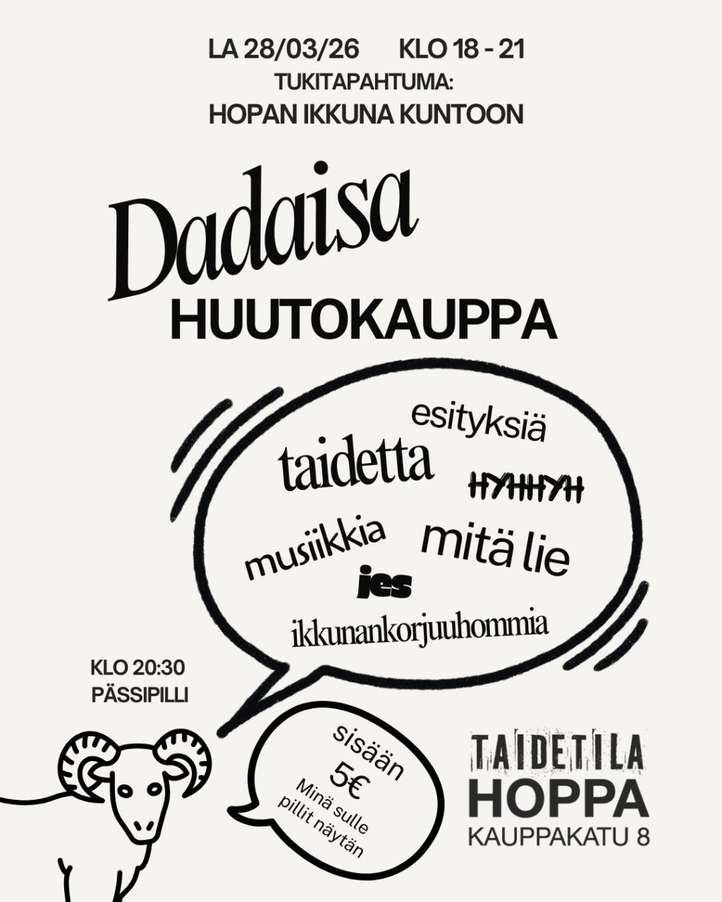 Hopan ikkuna kuntoon: Dadaisa tukihuutokauppa 28.3. klo 18-21